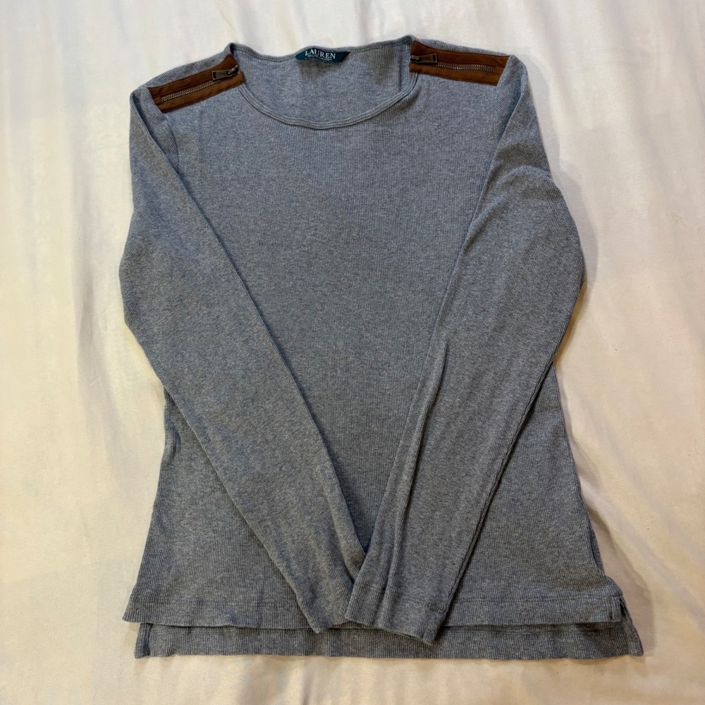 Lauren Ralph Lauren Gray Long Sleeve Top Brown Faux Leather Zipper Shoulder M